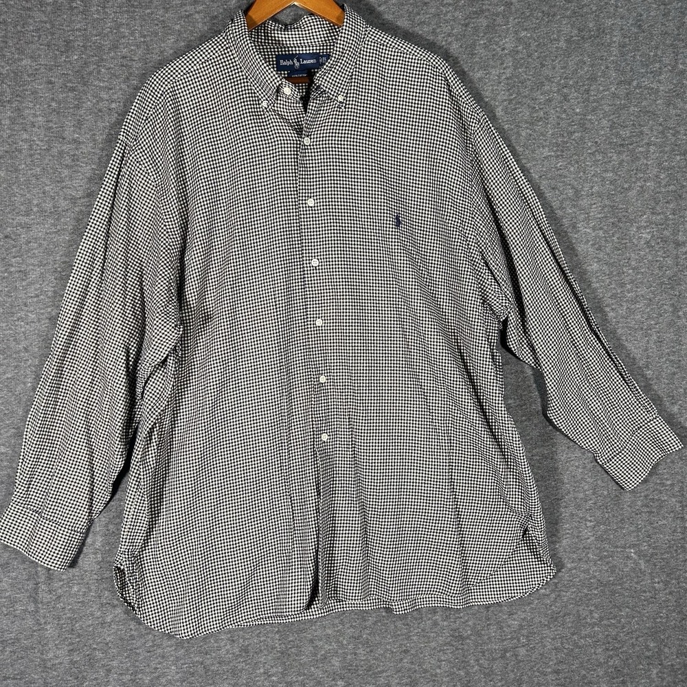 Ralph Lauren Shirt Men 2XL BIG‎ Navy Blue White Check Classic Fit Button Down
